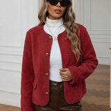 Sherpa Button-Front Jacket with Round Neck and Side Pockets