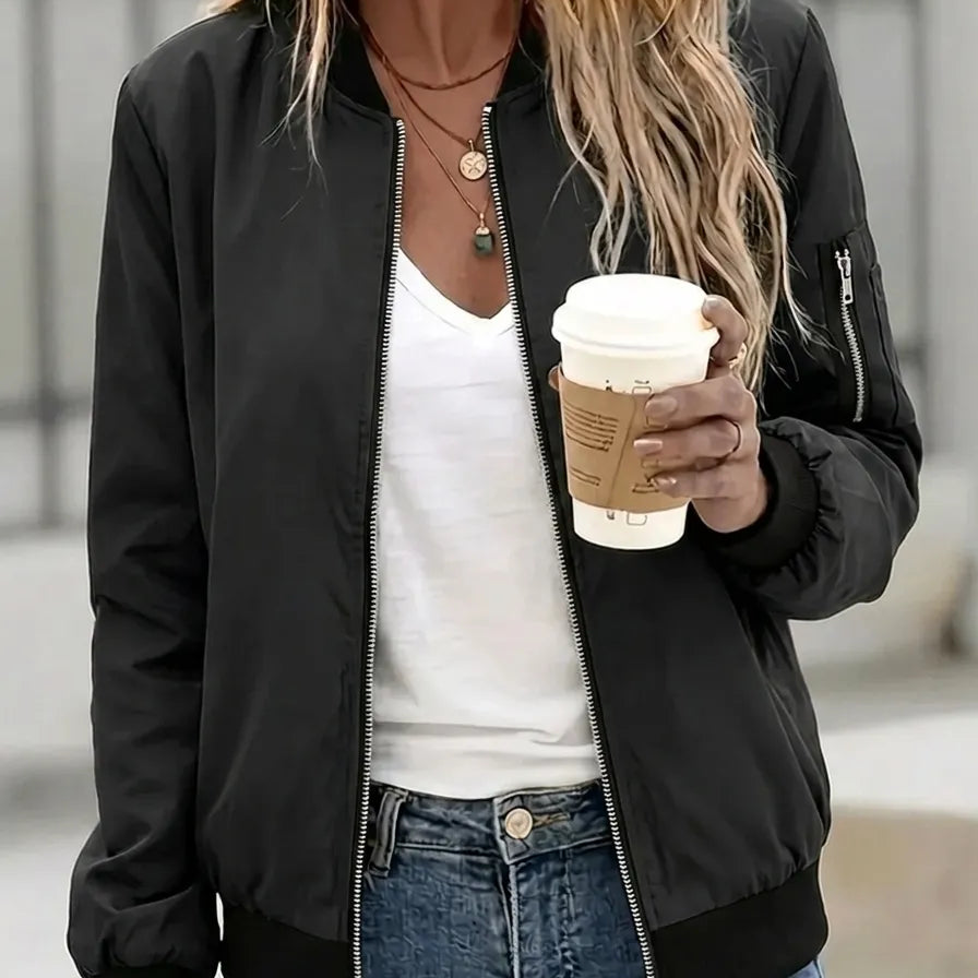 Zip-Front Bomber Jacket with Side Pockets and Ribbed Trim