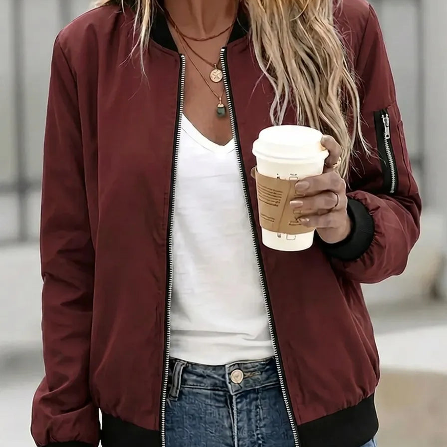 Zip-Front Bomber Jacket with Side Pockets and Ribbed Trim