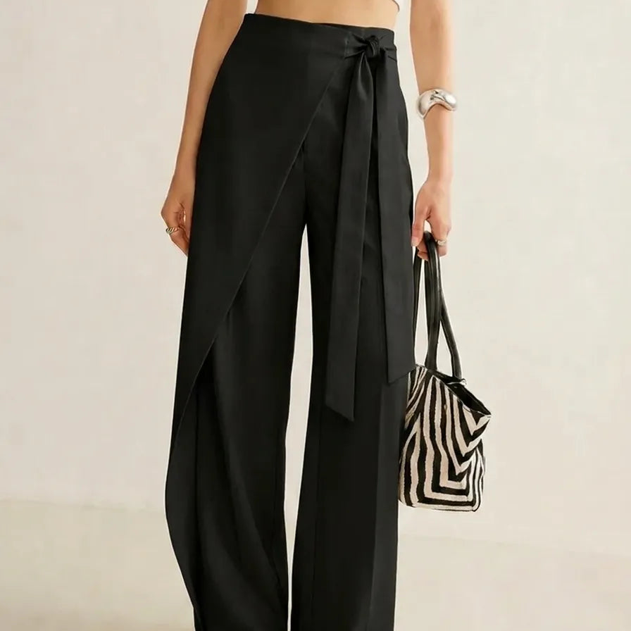 Wrap-Front Wide-Leg Trousers with Tie Waist