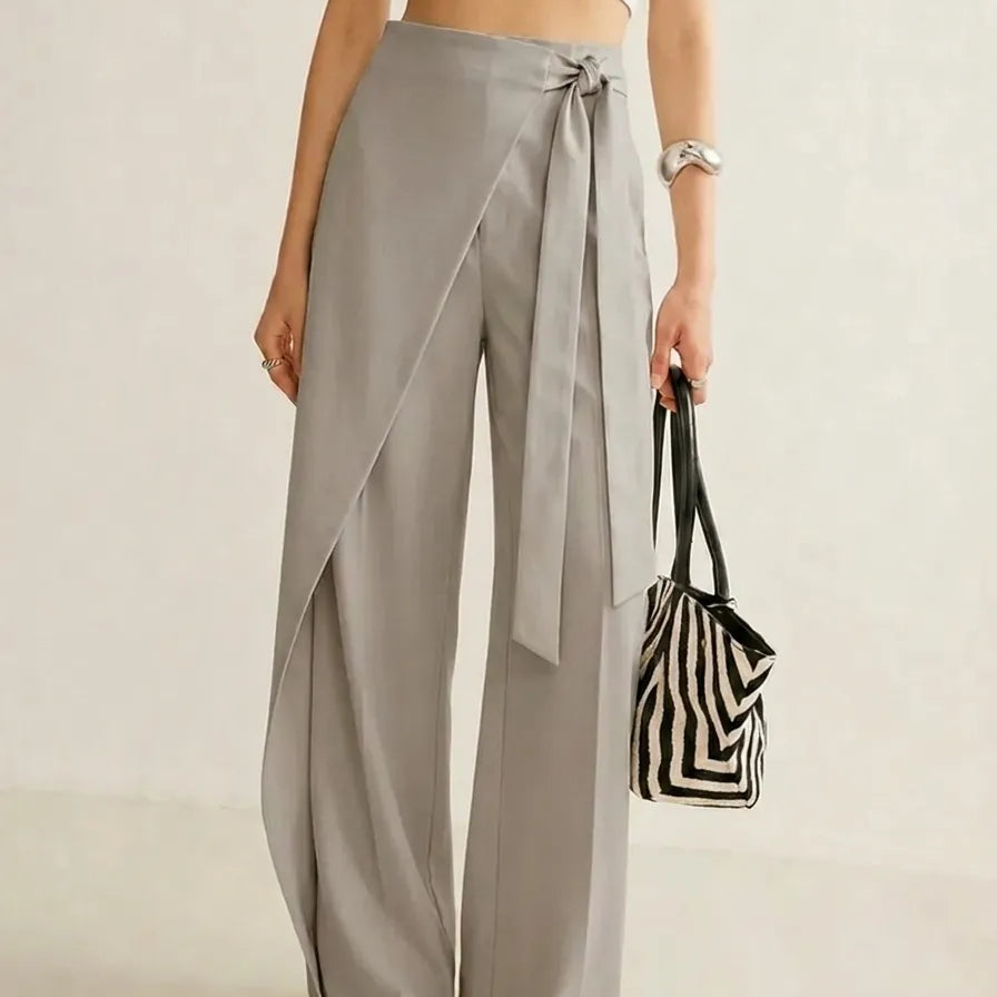 Wrap-Front Wide-Leg Trousers with Tie Waist