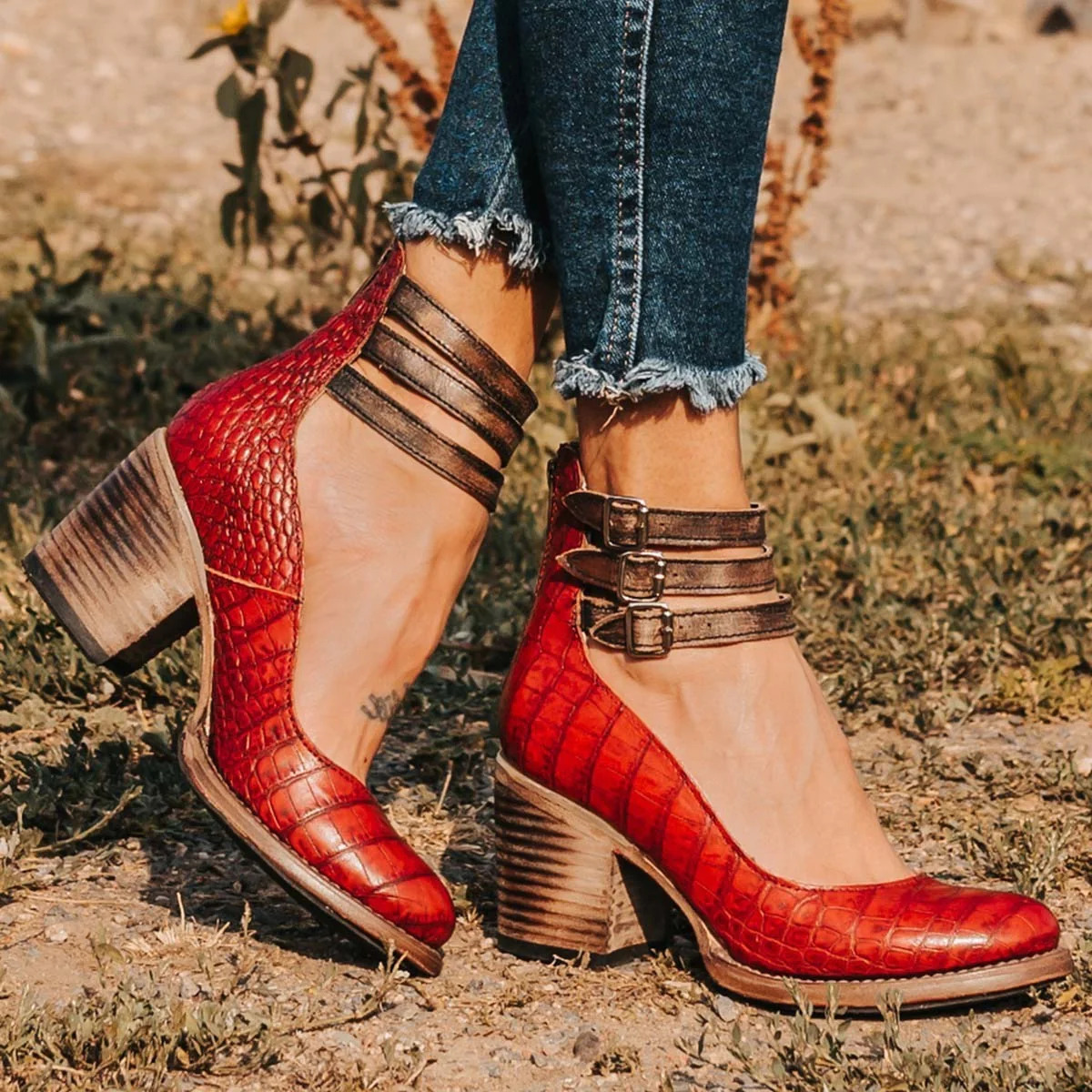 Colette | Vintage Leather Ankle Block Sandals Women Summer