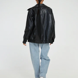 Oversized Leather Bomber Jacket with Zip Front and Point Collar