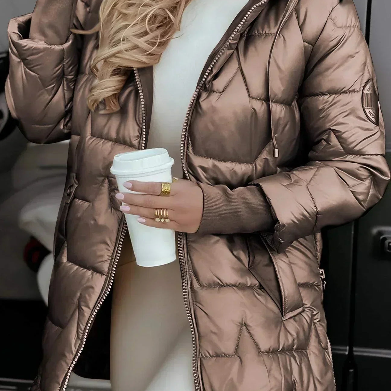 Women's Long Puffer Jacket with Hood and Quilted Design for Winter Wear