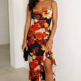 Floral Ruched Midi Dress with Ruffle Hem and Spaghetti Straps