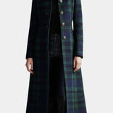 Plaid Long Coat with Stand Collar and Button Front