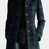 Plaid Long Coat with Stand Collar and Button Front