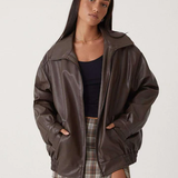 Oversized Leather Bomber Jacket with Zip Front and Point Collar