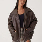 Oversized Leather Bomber Jacket with Zip Front and Point Collar