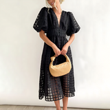 A-Line Puff Sleeve Midi Dress with V-Neck and Button Front