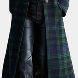 Plaid Long Coat with Stand Collar and Button Front