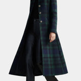 Plaid Long Coat with Stand Collar and Button Front
