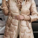 Women's Long Puffer Jacket with Quilted Design and Hood for Winter