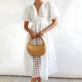 A-Line Puff Sleeve Midi Dress with V-Neck and Button Front