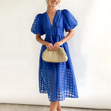 A-Line Puff Sleeve Midi Dress with V-Neck and Button Front