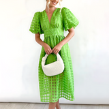A-Line Puff Sleeve Midi Dress with V-Neck and Button Front