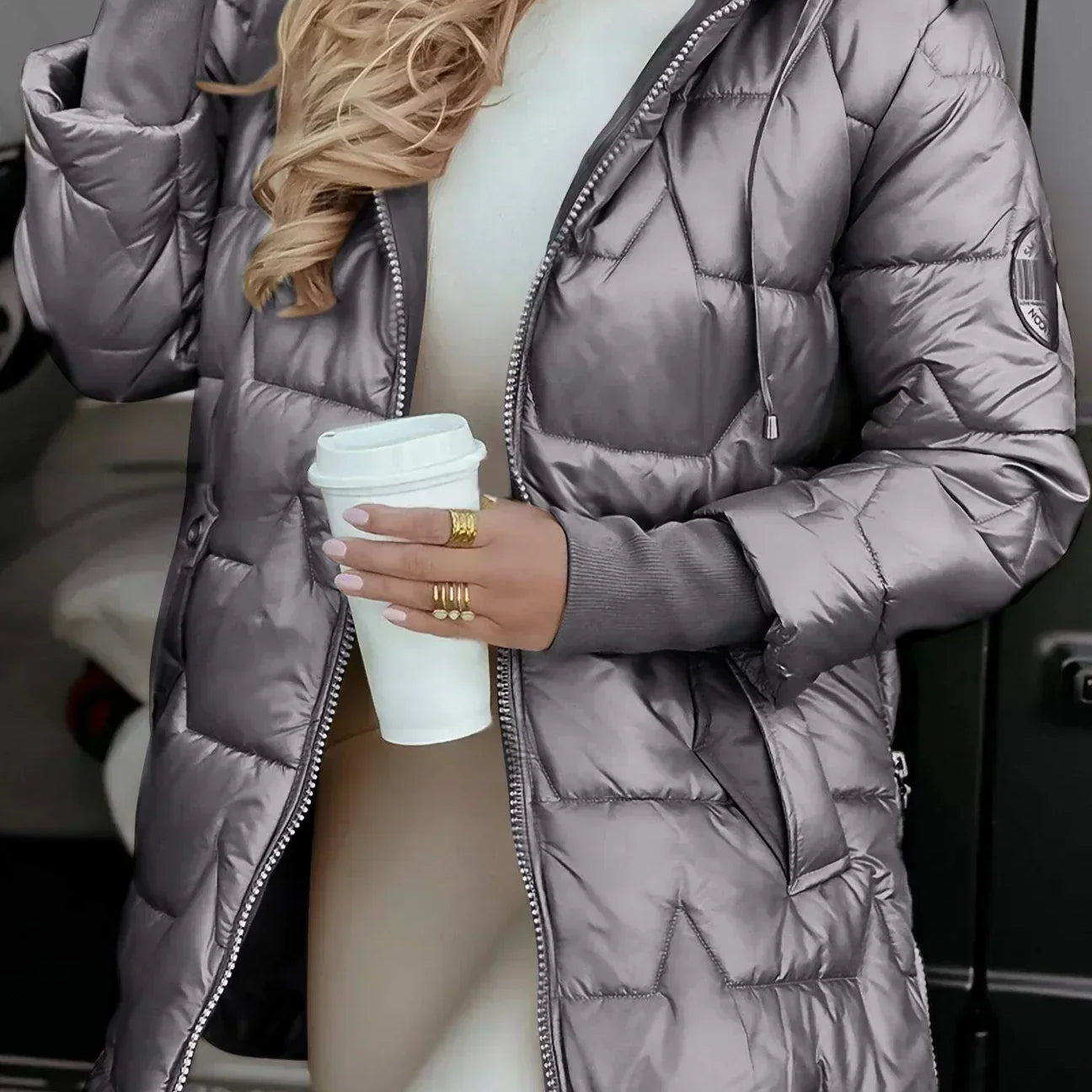 Women's Long Puffer Jacket with Hood and Quilted Design for Winter Wear