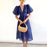 A-Line Puff Sleeve Midi Dress with V-Neck and Button Front
