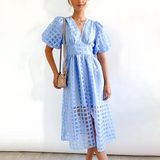 A-Line Puff Sleeve Midi Dress with V-Neck and Button Front