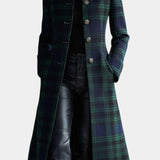 Plaid Long Coat with Stand Collar and Button Front
