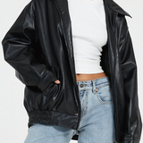 Oversized Leather Bomber Jacket with Zip Front and Point Collar