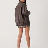 Oversized Leather Bomber Jacket with Zip Front and Point Collar