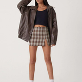 Oversized Leather Bomber Jacket with Zip Front and Point Collar