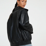 Oversized Leather Bomber Jacket with Zip Front and Point Collar