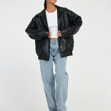 Oversized Leather Bomber Jacket with Zip Front and Point Collar