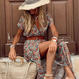 Belted Maxi Dress with V-Neck and Side Slit