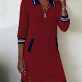 Sweatshirt Mini Dress with Quarter-Zip Polo Collar