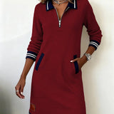 Sweatshirt Mini Dress with Quarter-Zip Polo Collar
