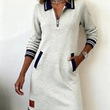 Sweatshirt Mini Dress with Quarter-Zip Polo Collar