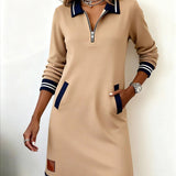 Sweatshirt Mini Dress with Quarter-Zip Polo Collar