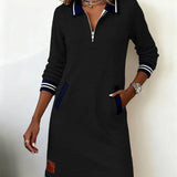 Sweatshirt Mini Dress with Quarter-Zip Polo Collar
