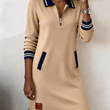 Sweatshirt Mini Dress with Quarter-Zip Polo Collar