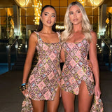 Sequin Bodycon Mini Dress with Square Neck and Thigh Slit