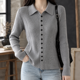 Collared Ribbed Knit Cardigan with Button-Front