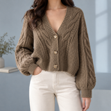 Cropped Cable Knit Cardigan with Balloon Sleeve