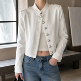 Cropped Button-Front Jacket with Stand Collar