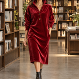 Velvet Collared Midi Dress with Button Front
