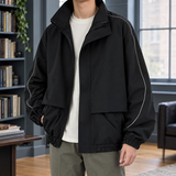 Oversized Zip-Front Windbreaker Jacket with Stand Collar