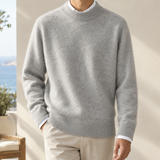 Fuzzy Knit Sweater with Ribbed Trim and Round Neck