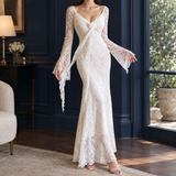 Lace Mermaid Maxi Dress with Sweetheart Neck and Bell Sleeves