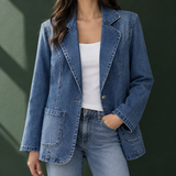 Denim Blazer with Button Front and Patch Pockets