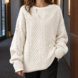Oversized Cable Knit Sweater with Split Neck and Ribbed Trim