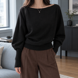 Boat Neck Sweater with Batwing Sleeve and Ribbed Cuff