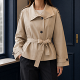 Belted Trench Jacket with Wide Collar and Button-Front