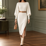 Ribbed Bodycon Midi Sweater Dress with Balloon Sleeves and Side Slit