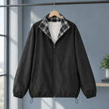 Zip Up Windbreaker Jacket with Plaid Collar and Drawstring Hem